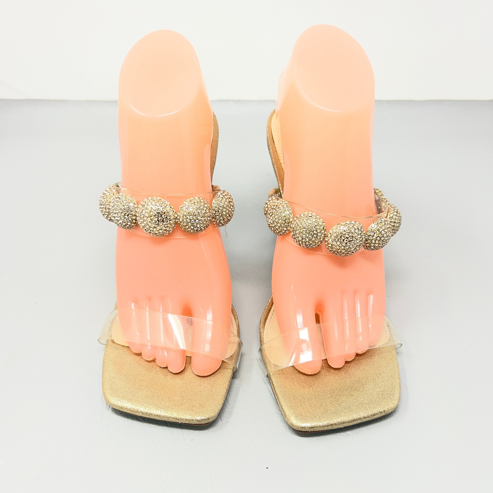 Betsey Johnson Women Sandals 8.5 Y2k Clear Heel Gold Statement Rhinestone Party
